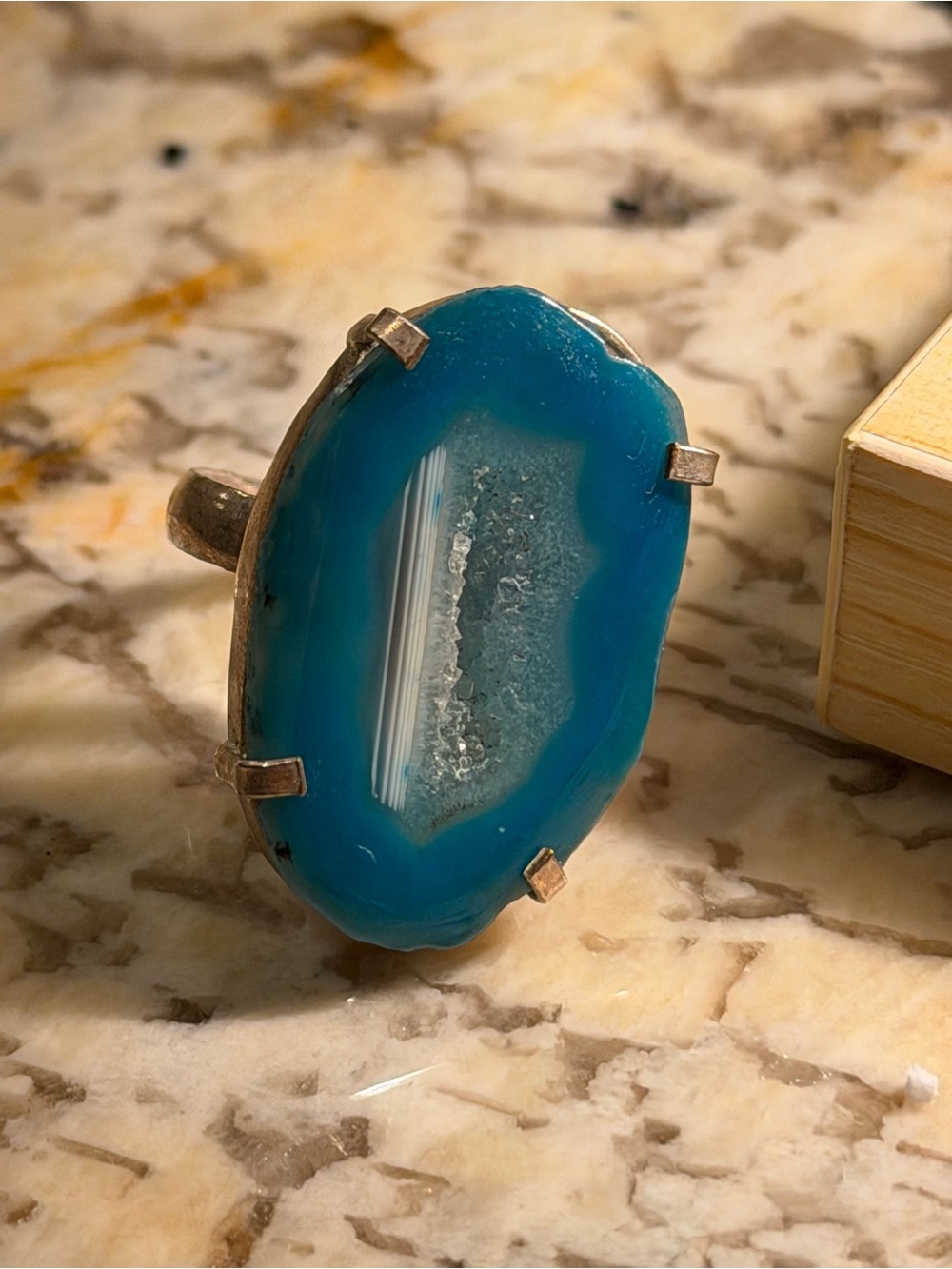Artisan 925 Stamped Sterling Silver Teal Blue Agate Druzy Ring Size 8